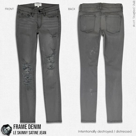 FRAME DENIM LE SKINNY SATINE DESTROYED JEANS IN GREY’S INN DARK GREY SIZE 27 - Picture 13 of 13